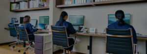 日本興志_総合建設_事務所で事務作業をしている女性従業員3人の後ろ姿
